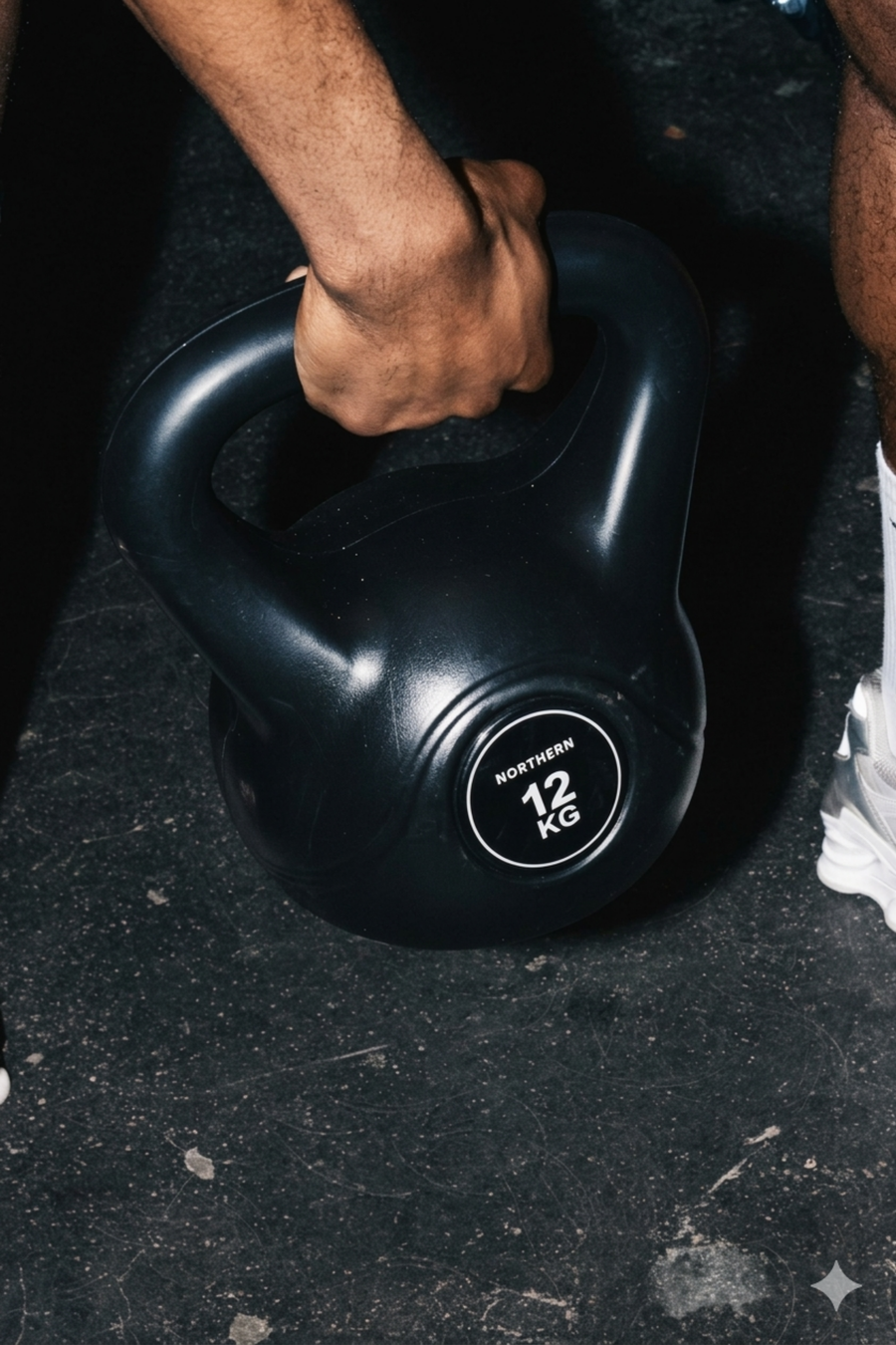 12kg vinyl kettlebell pickup from home gym floor during single arm deadlift session