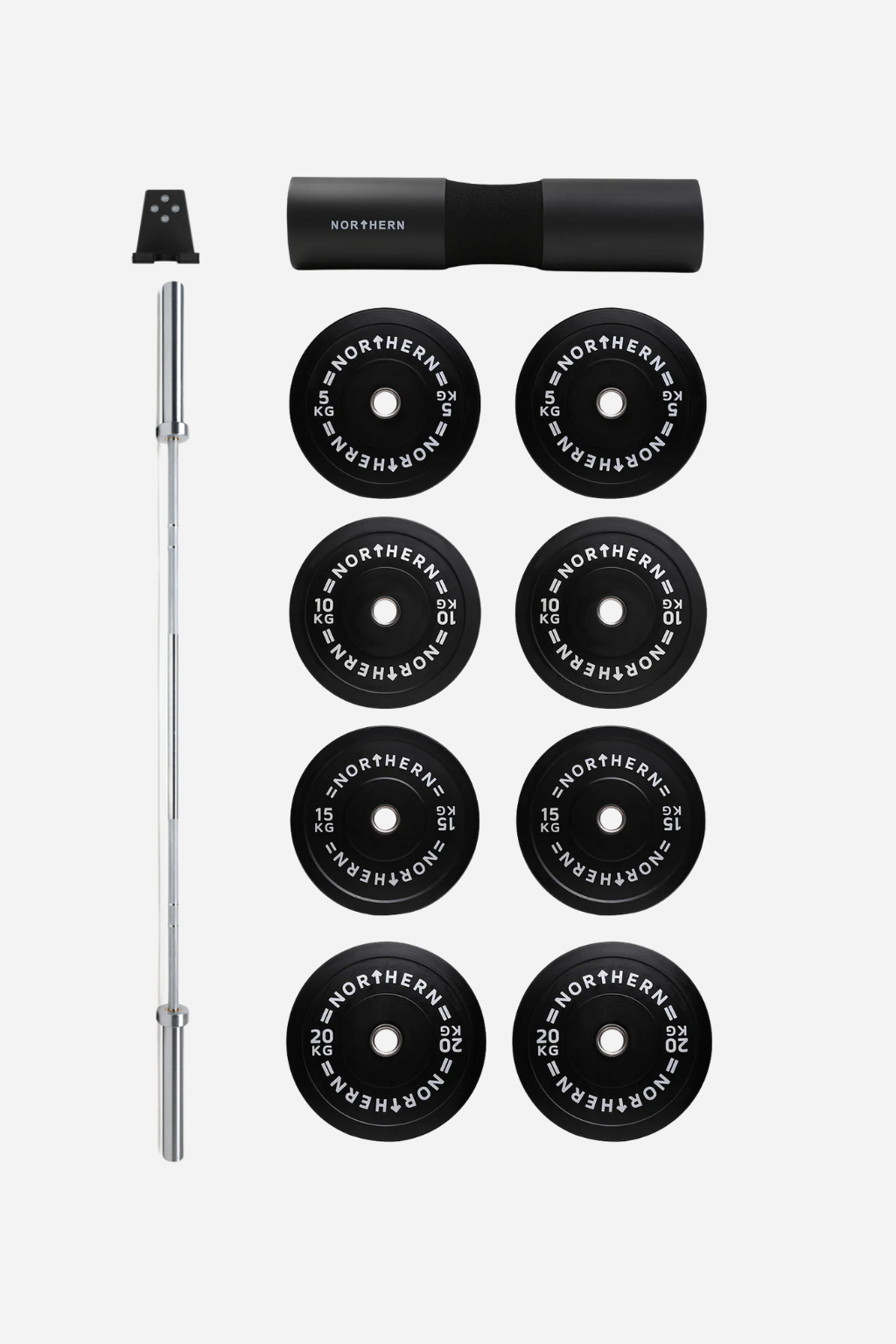 Olympic 15kg Barbell Package - 100kg Bumper Plate Set, Barbell Pad & Single Barbell Hanger