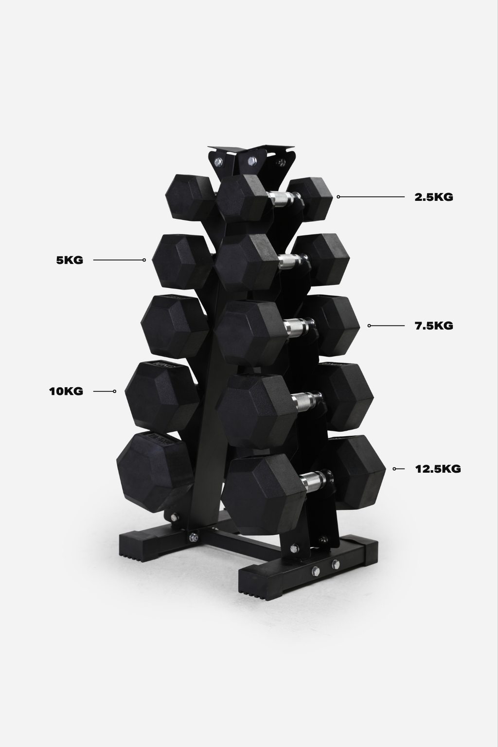 2.5kg-12.5kg Hex Dumbbell Set and 5-Tier A-Frame Rack