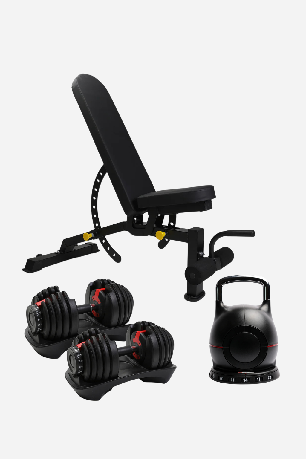 Adjustable Dumbbell 24kg Pair, Adjustable Kettlebell 20kg & Adjustable Bench Package