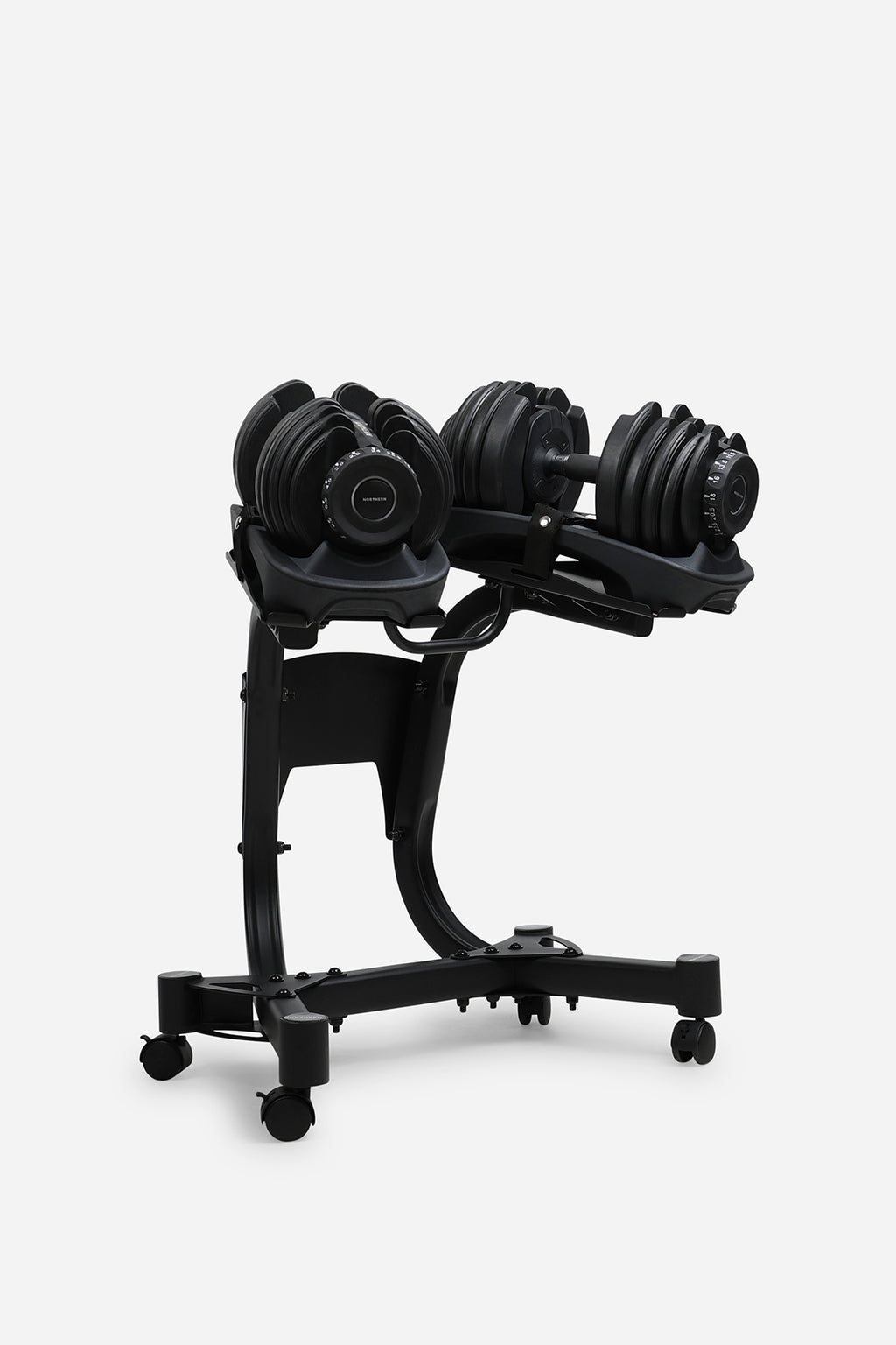 Northern Stealth Adjustable Dumbbell Set 24kg with Stealth Rack Side View
