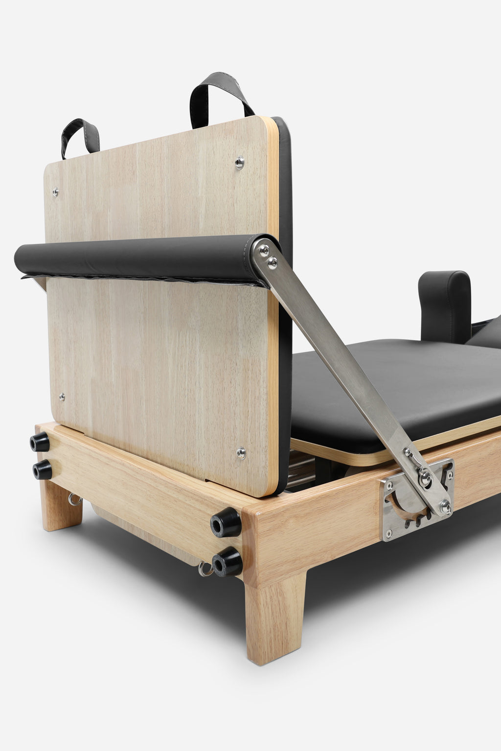 Northern Folding Reformer Bed Black rear view showing rubberwood frame padded carriage and adjustable footbar