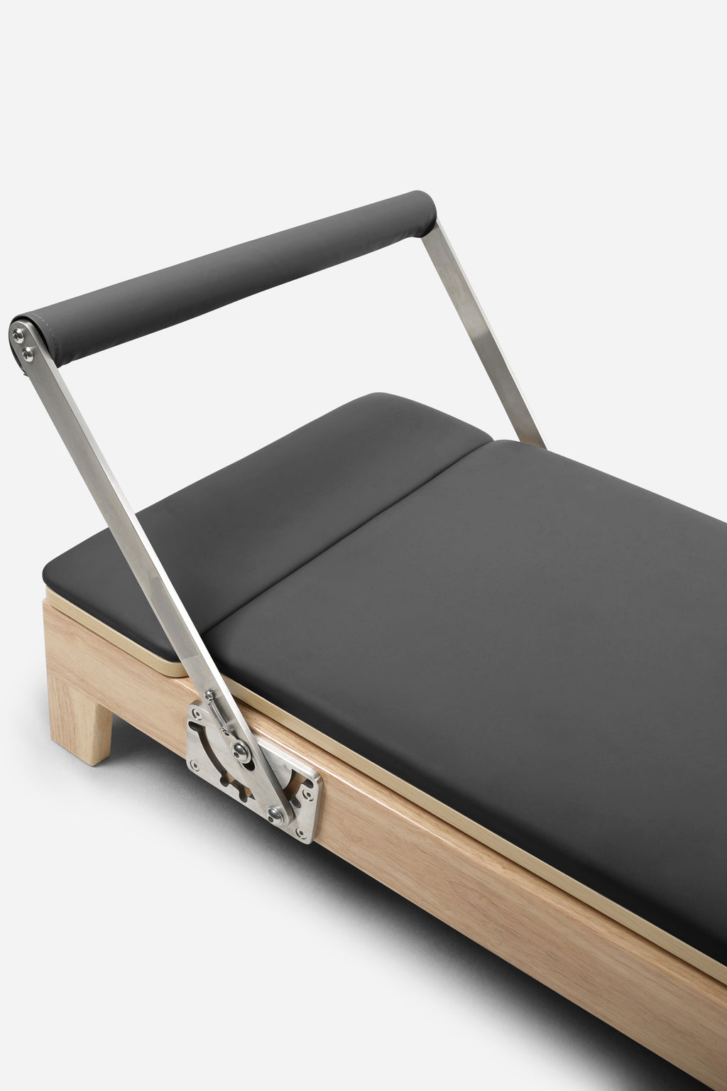 Northern Folding Reformer Bed Black padded carriage with adjustable footbar and rubberwood frame
