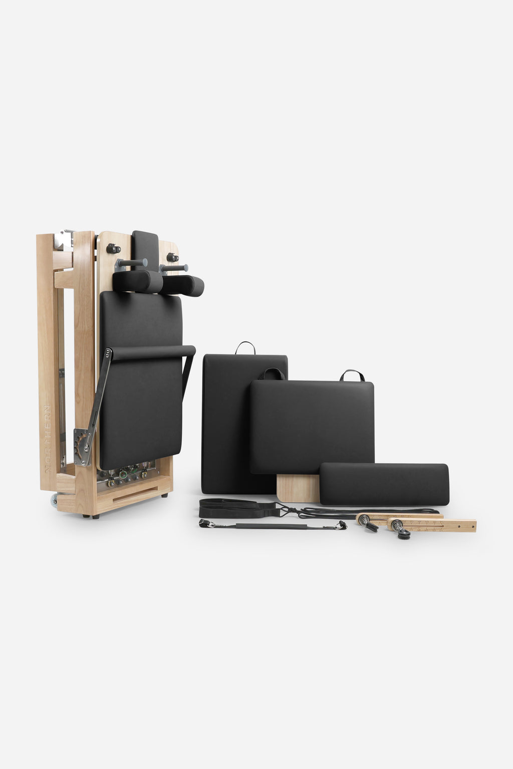 Northern Folding Reformer Bed Black with Pilates box jump board straps and accessories