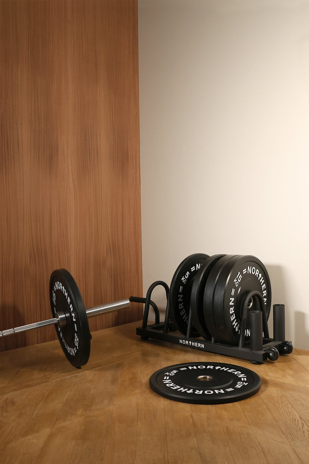 Lifestyle image of Northern Bumper Plate Set 60kg with Toast Rack