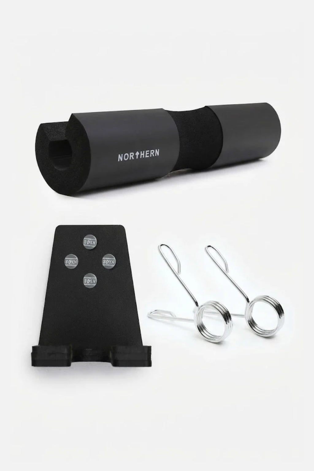 Barbell Upgrade Bundle Set includes Spring collars, Single barbell wall rack, and Black Squat pad