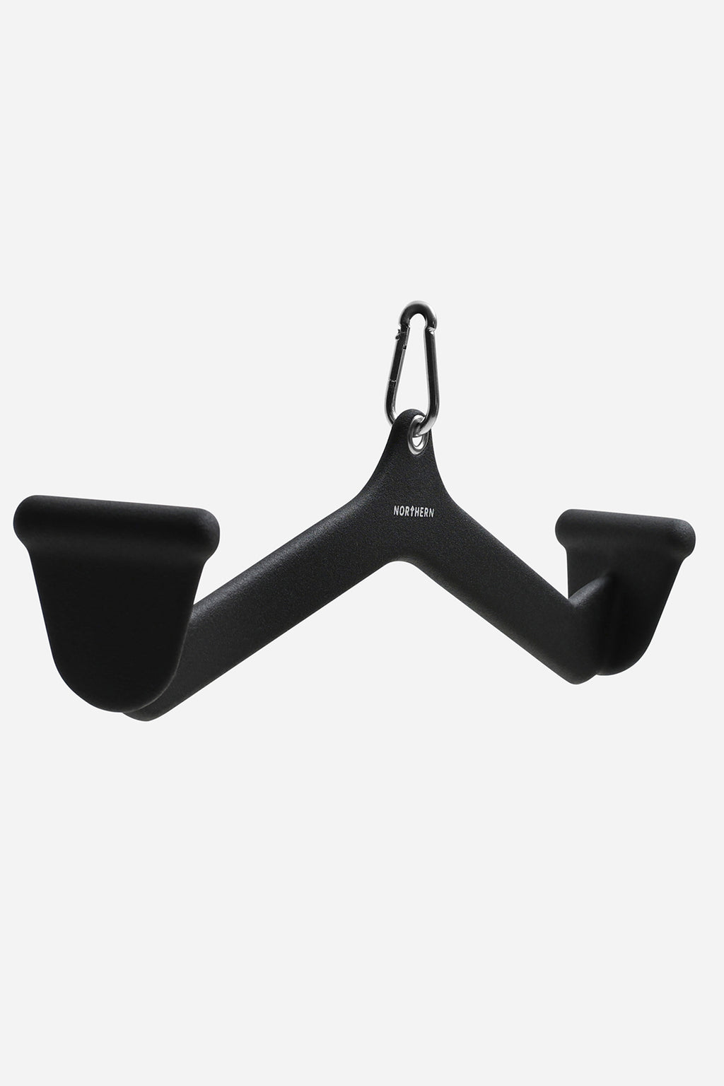 Angled perspective view of lat pulldown bar showing contoured grip design and cable attachment point