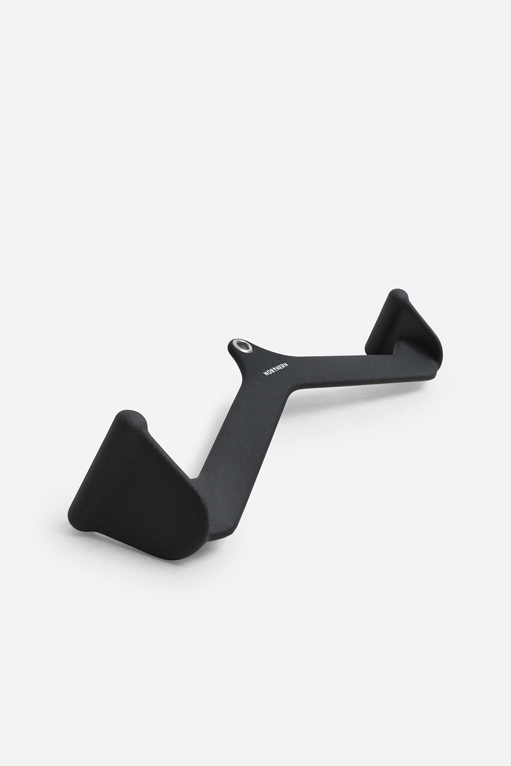 Three-quarter view of angled lat pulldown bar attachment designed for lat pulldowns and seated rows
