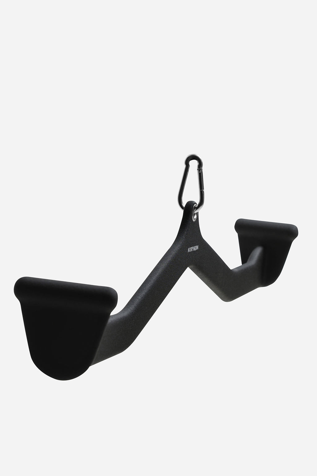 Angled perspective of wide grip lat pulldown attachment showing contoured grip design