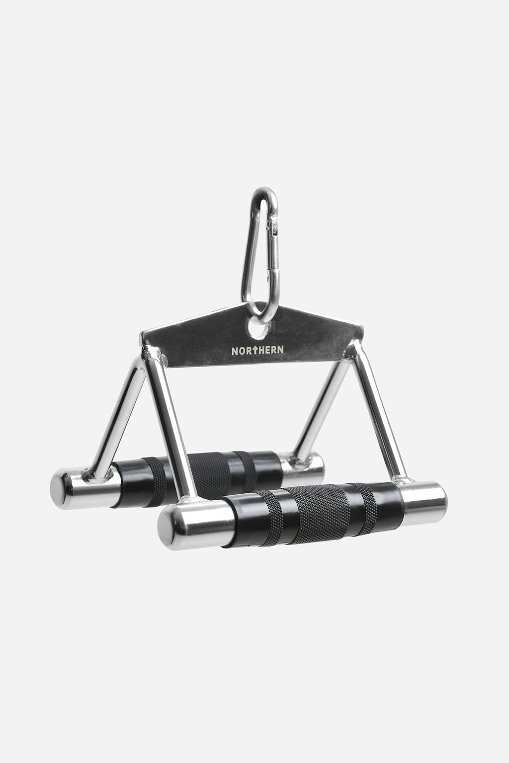 Angled view of double D row handle with cable hook and non-slip knurled grip design