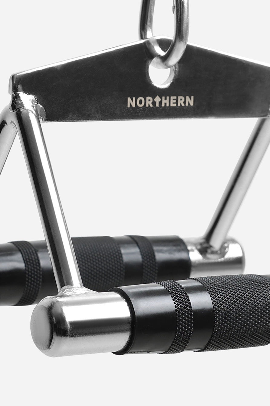 Close-up of cable row attachment with reinforced center eyelet and ergonomic grip handles