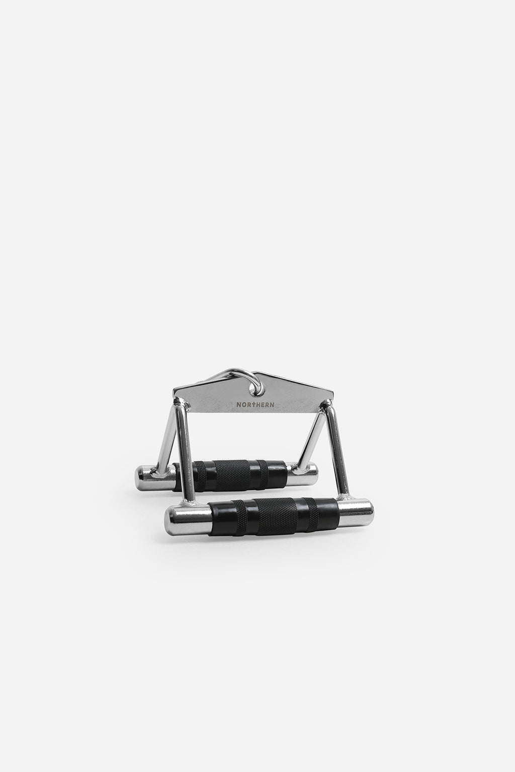 Wide view of seated row cable attachment with dual handles for back and upper body training