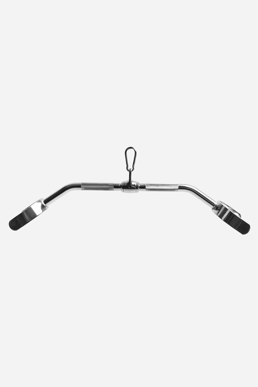 Front view of lat pulldown bar with curved end handles and rotating centre attachment