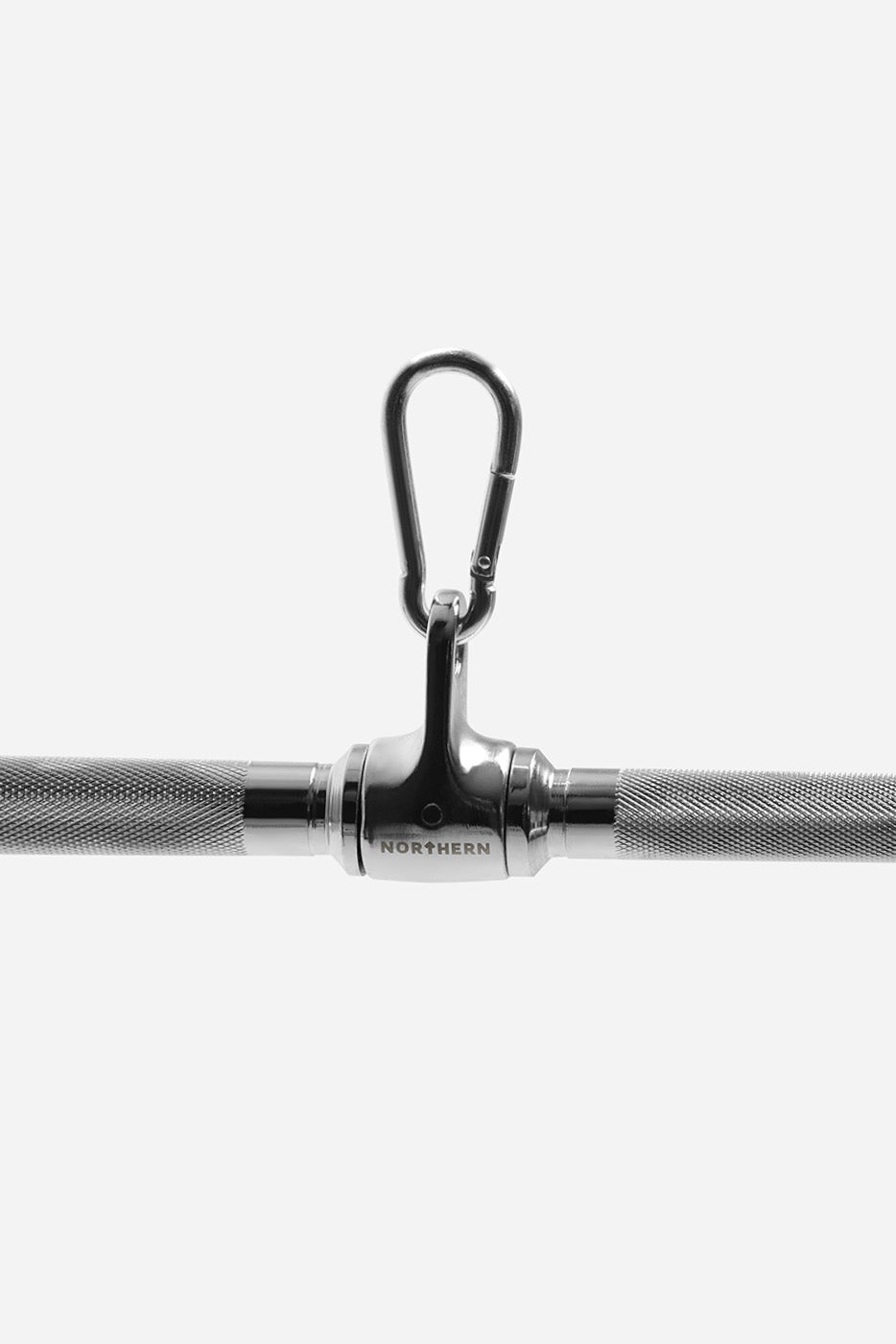 Close-up of the lat pulldown bar with carabiner clip for fast hook-up and swap-out between exercises