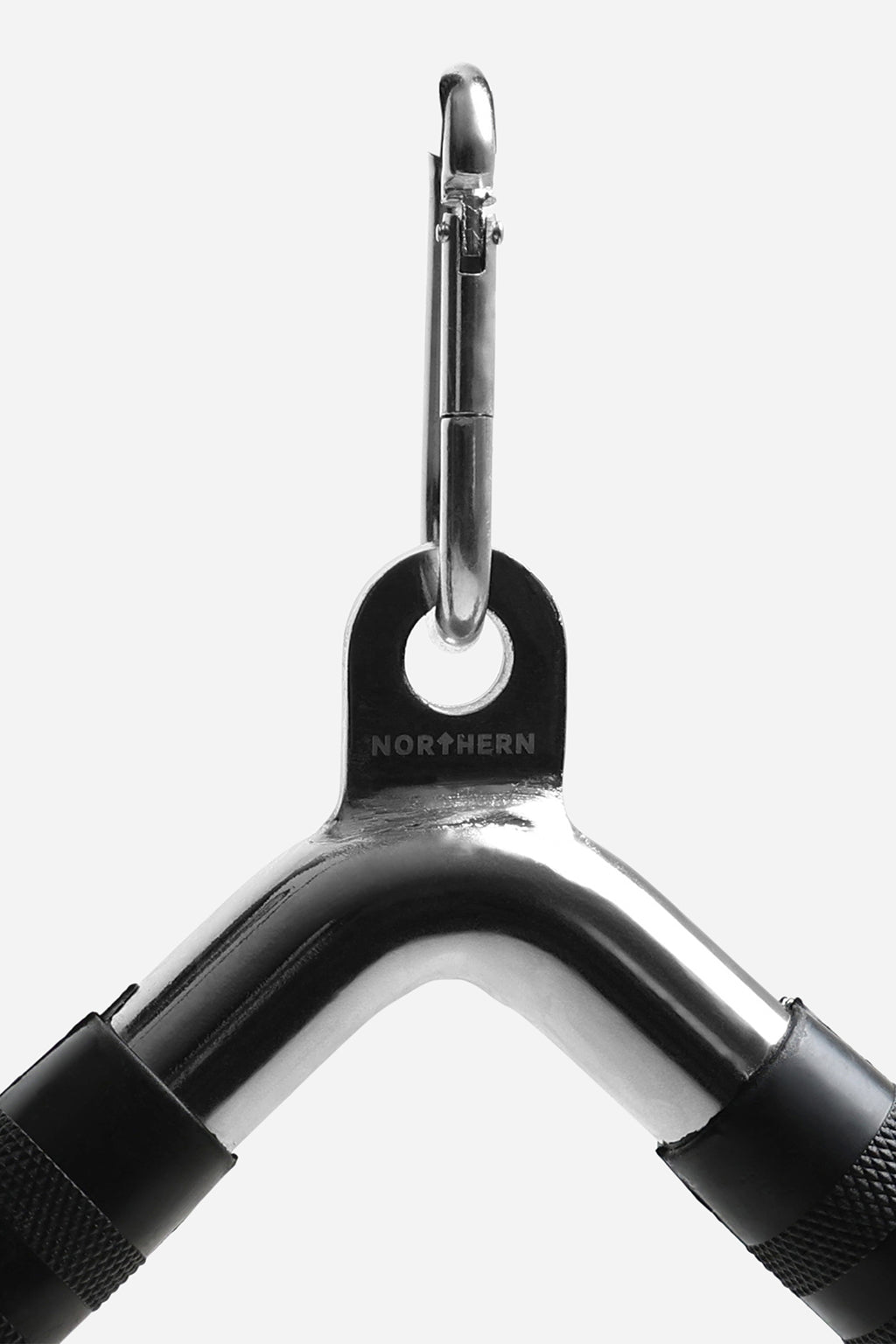 Close-up of tricep pushdown V-bar attachment with polished chrome frame, and carabiner clip
