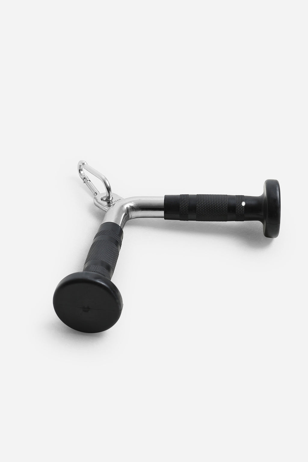 Angled view of tricep pushdown V-bar with polished chrome frame and quick-clip eyelet