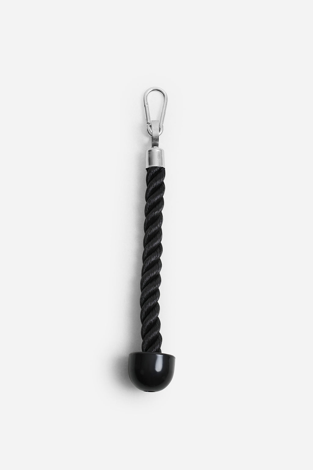 Front view of single grip tricep rope attachment with chrome cap and carabiner clip