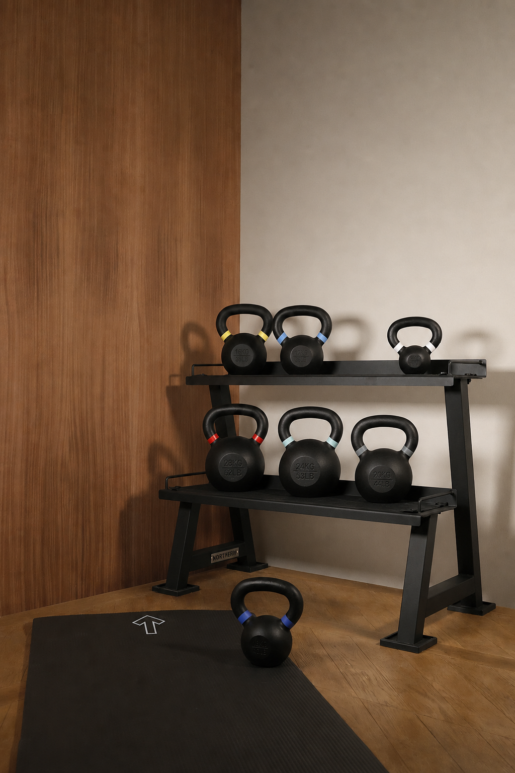 Lifestyle image of Northern Cast Iron Kettlebell Set 4-28kg with 2-Tier Rack