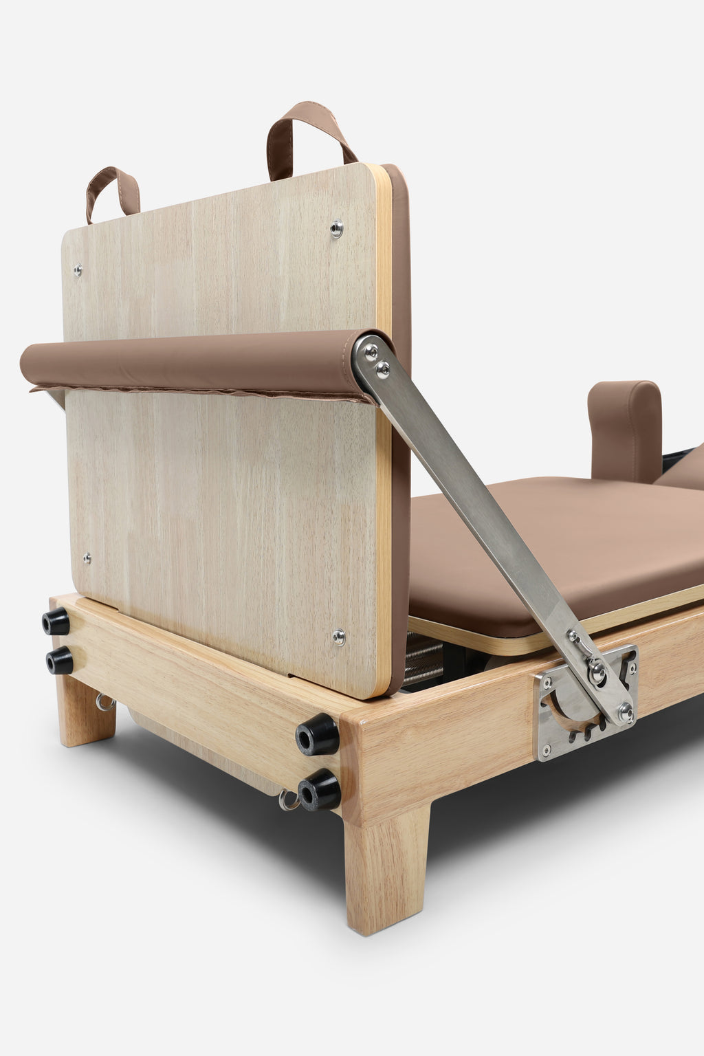 Northern Folding Reformer Bed rear view showing rubberwood frame padded carriage and adjustable footbar