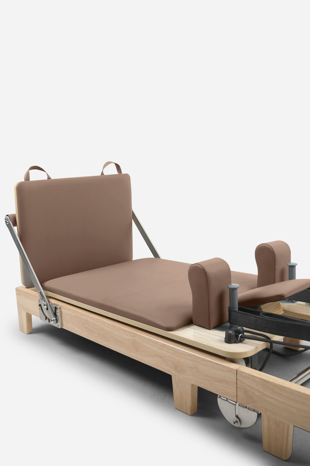 Northern Folding Reformer Bed open with padded carriage shoulder blocks and foot platform
