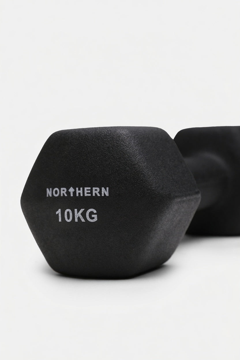 Close-up View of Northern 10KG Neoprene Hex Dumbbells