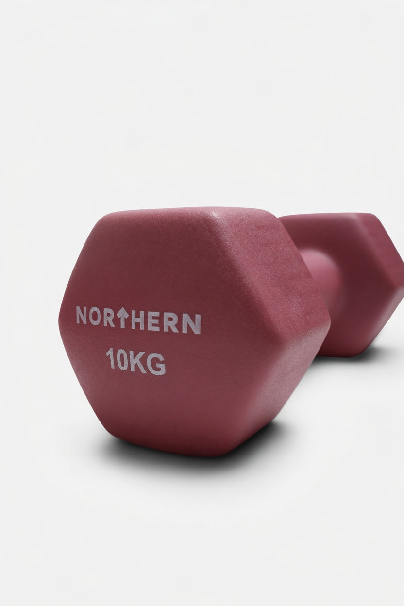 Close-up View of Northern Dusk Pink 10KG Neoprene Coated Hex Dumbbells