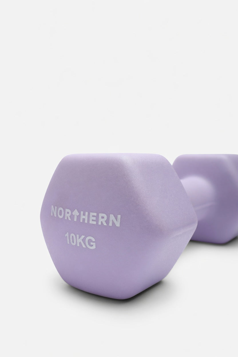 Close-up View of Northern Soft Lavender 10KG Neoprene Coated Hex Dumbbells