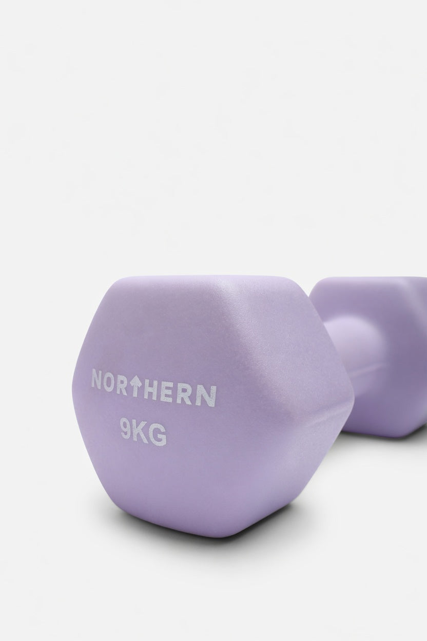 Close-up View of Northern Soft Lavender 9KG Neoprene Coated Hex Dumbbells