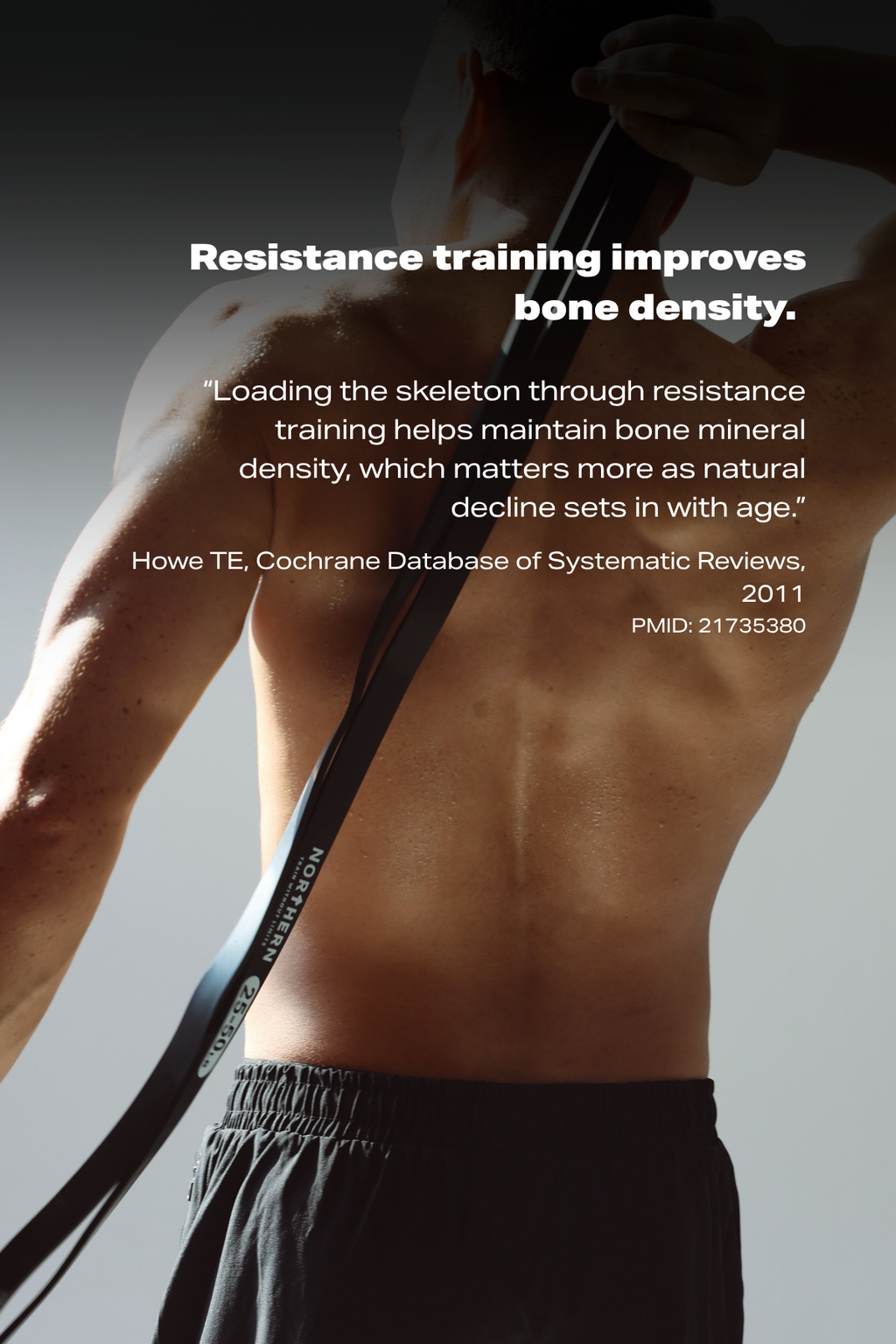 A shirtless man from behind holding a resistance band, with large white text over the image reading 'Resistance training improves bone density.' and a citation from Howie TE, Cochrane Database of Systematic Reviews, 2011.