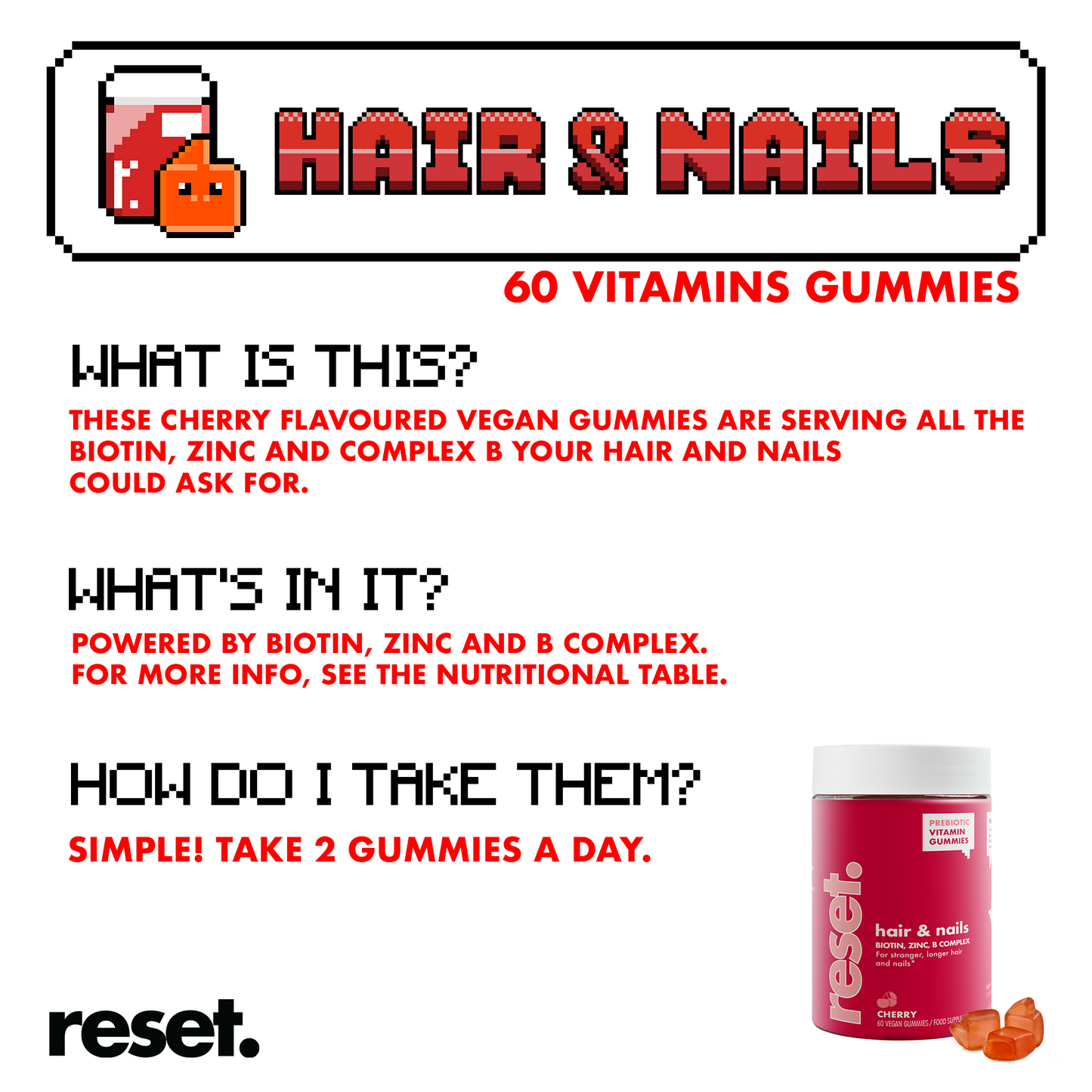 RESET Hair & Nails Vitamins Gummies Cherry Flavour 🍒