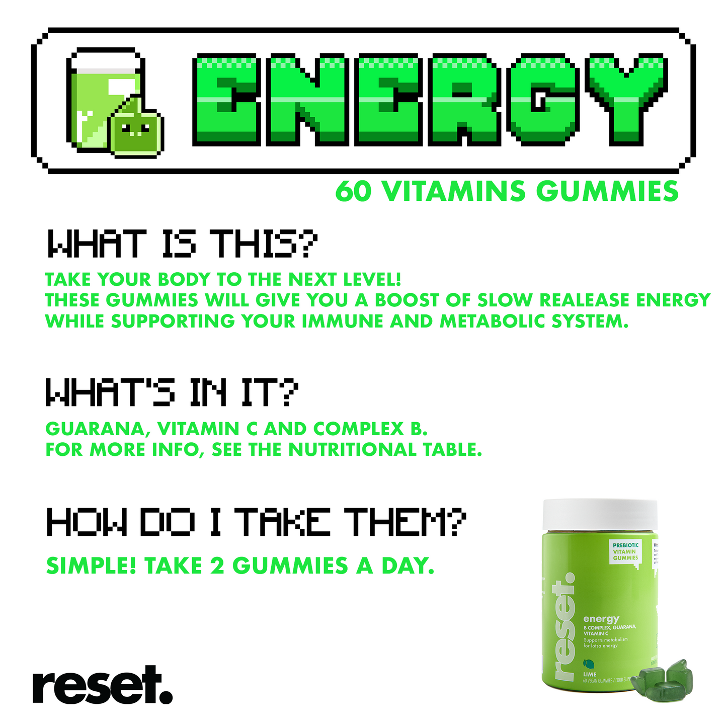 RESET Energy Vitamins Gummies Lime Flavour 💚