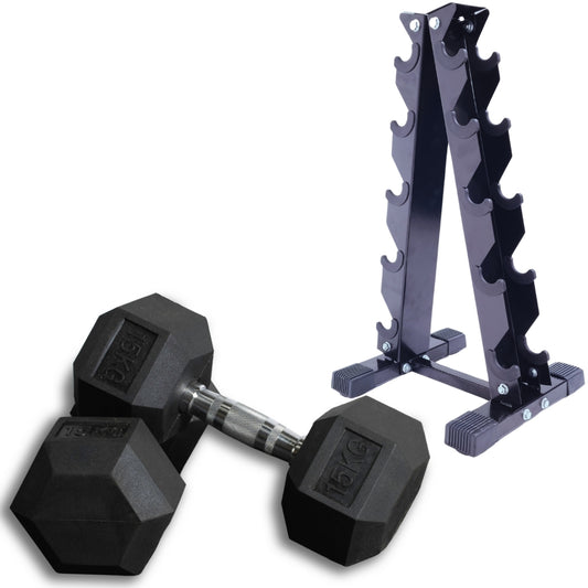 2.5//5//7.5//10KG Hex Dumbbell Set + 5 Tier A-Frame Storage Holder Rack