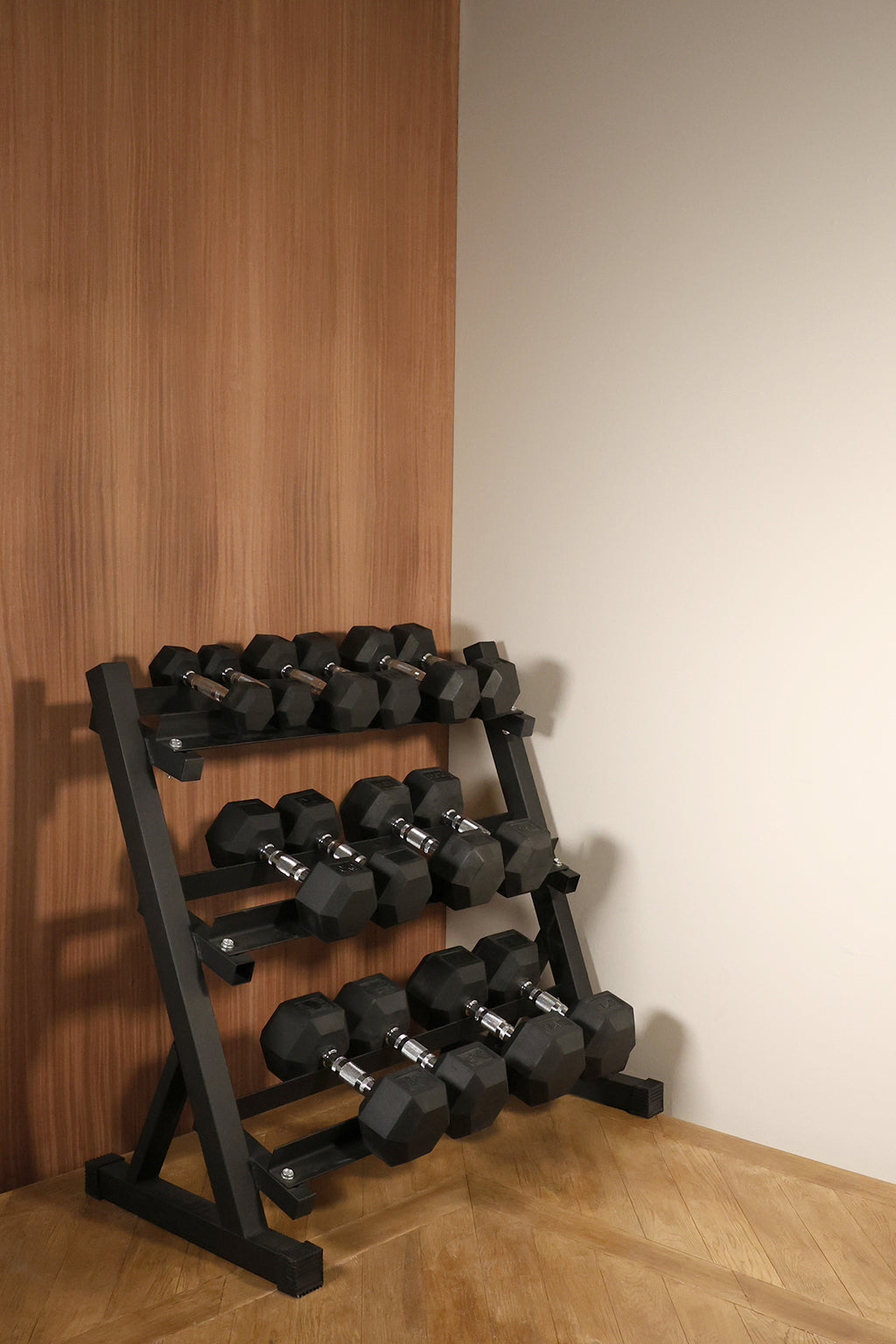 Hex Dumbbell Set 2.5-17.5kg with 3-Tier Rack Home Gym Setup