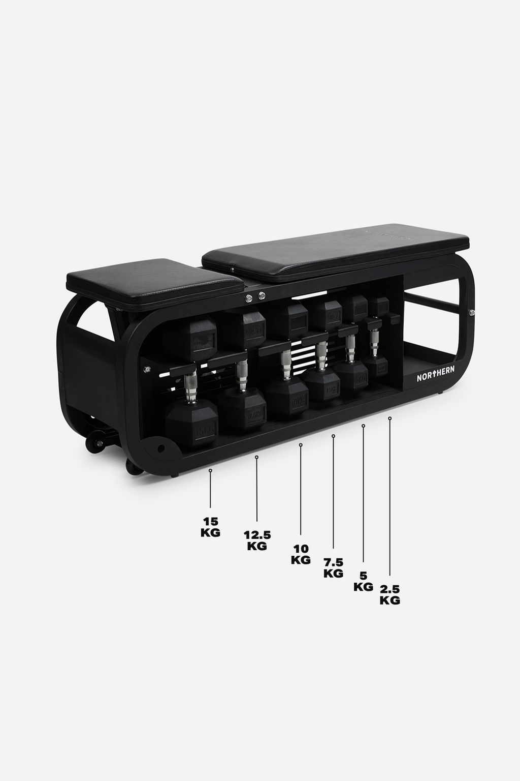 Full 2.5-15kg Progression Hex Dumbbell Set with Bench Storage