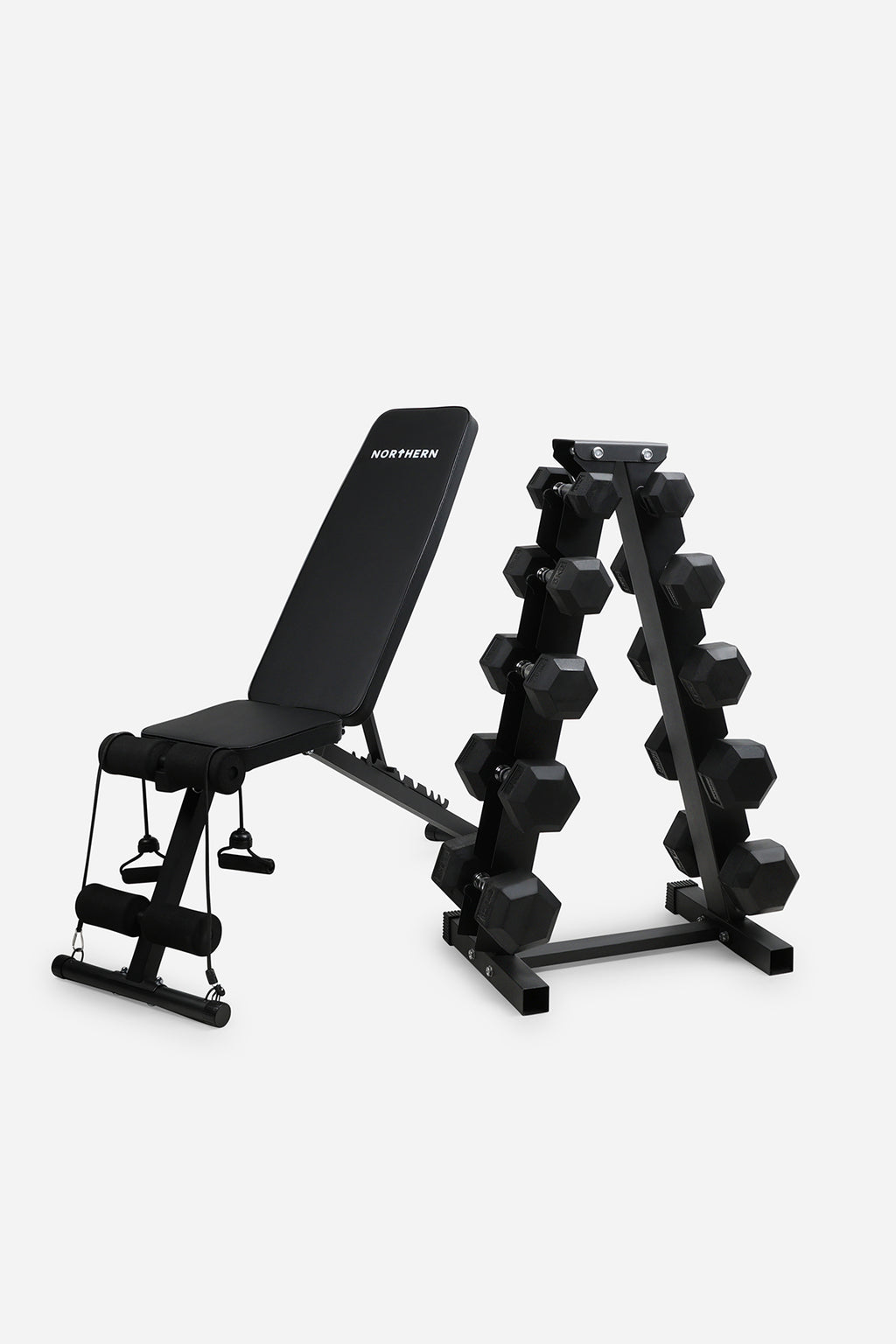 Northern Hex Dumbbell Set 2.5-12.5kg with 5-Tier Rack & Bench