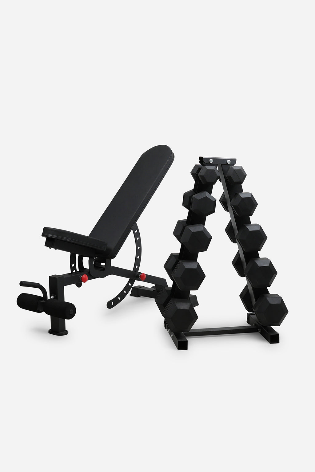 Northern Hex Dumbbell Set 5-25kg with Large 5-Tier A-Frame Rack & Adjustable Bench