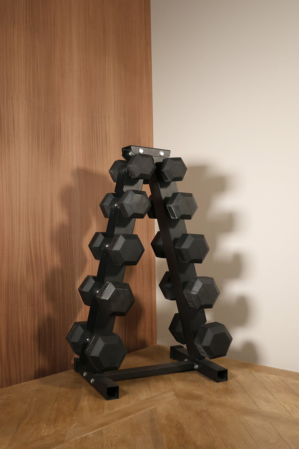 Lifestyle Image of Northern Hex Dumbbell Set 5-15kg with 5-Tier A-Frame Rack