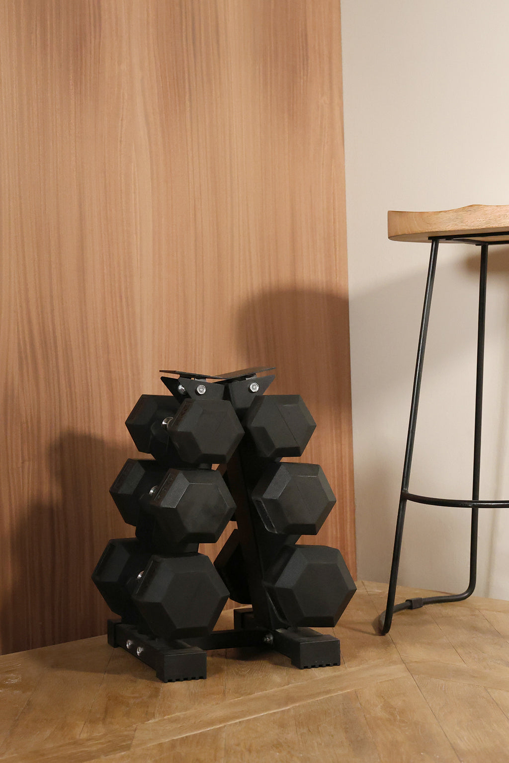 Lifestyle image of Northern Hex Dumbbell Set 5-10kg with 3-Tier A-Frame Rack