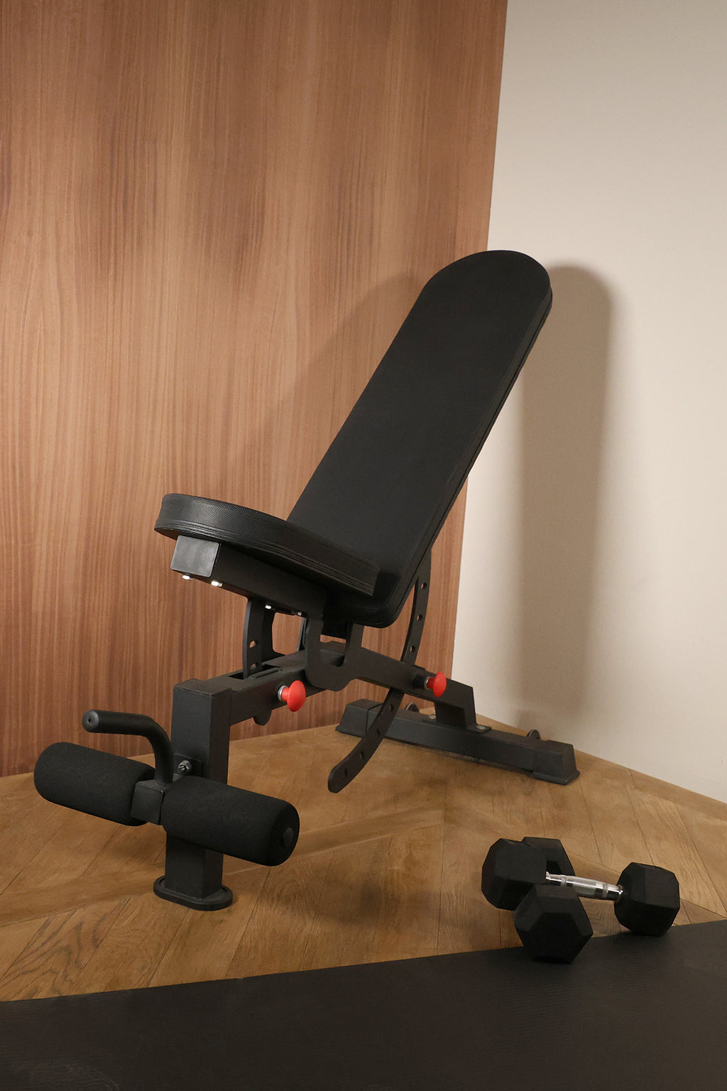 Home Gym Setup of Northern Hex Dumbbell Set 5-25kg with Large 5-Tier A-Frame Rack & Adjustable Bench