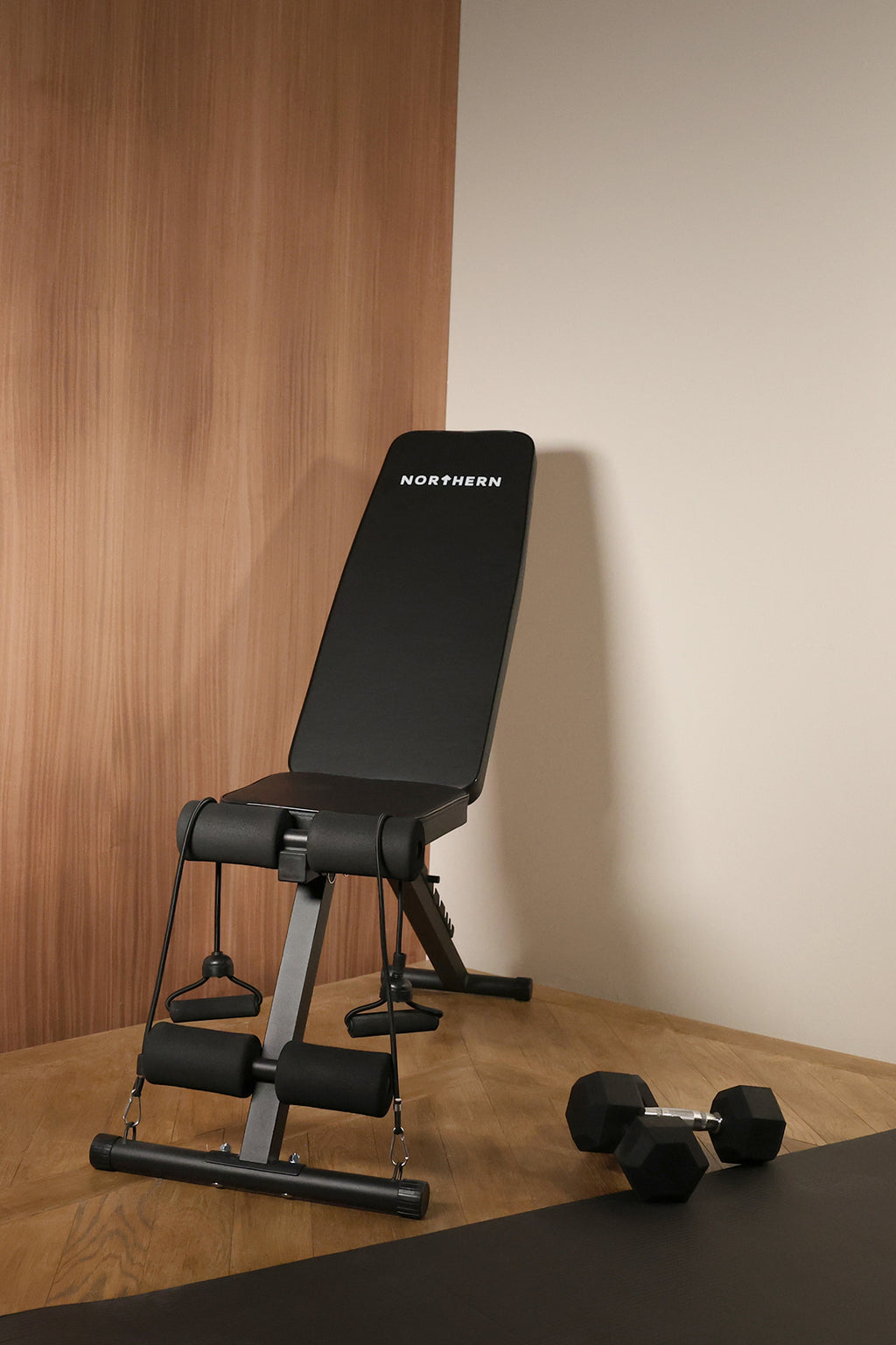 Home Gym Setup of Northern Hex Dumbbell Set 2.5-12.5kg with 5-Tier Rack & Bench