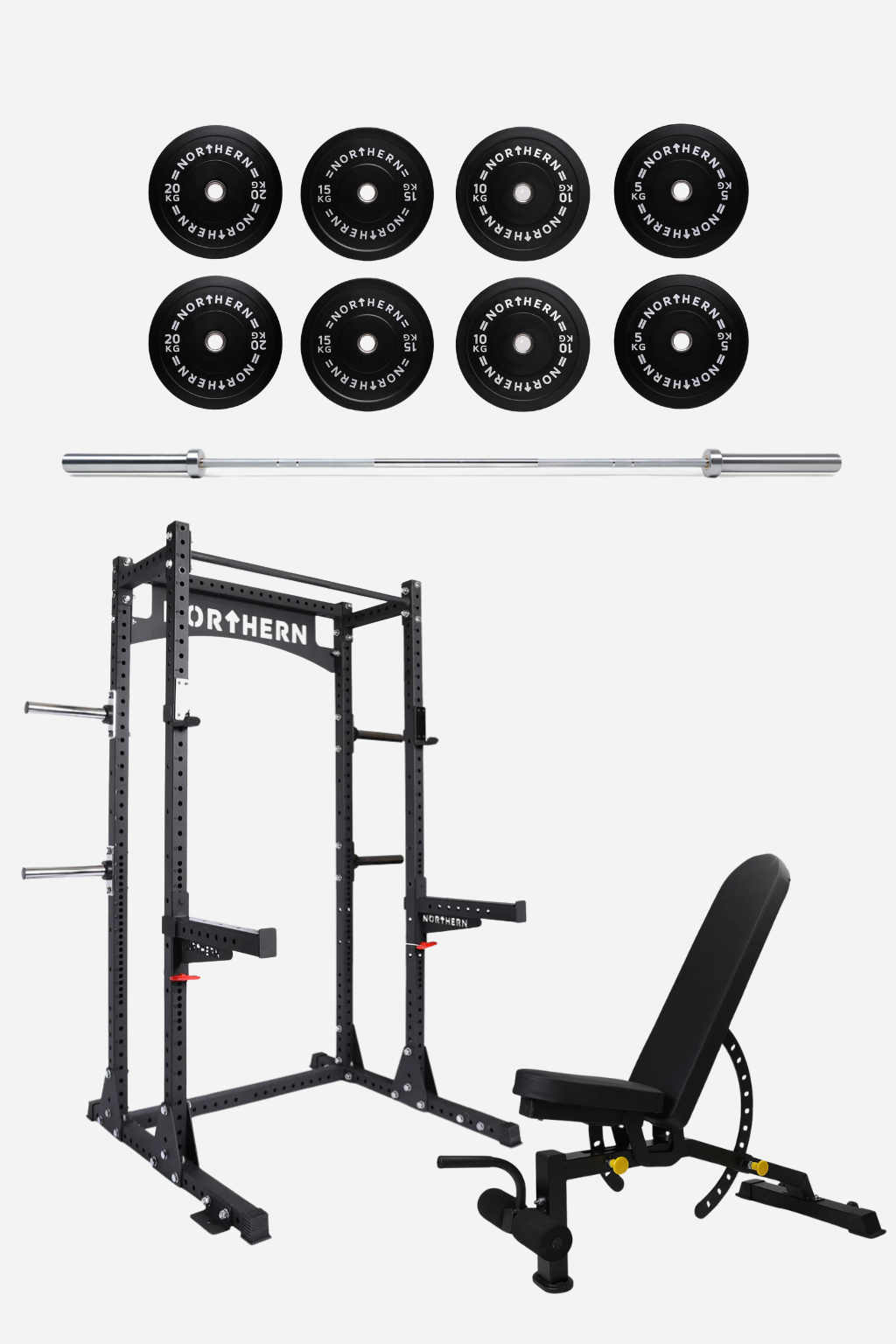 Half Rack Strength Training Package – Heavy Duty Half Rack, Olympic 20kg Bar, 100kg Bumper Plate Set & Adjustable Bench