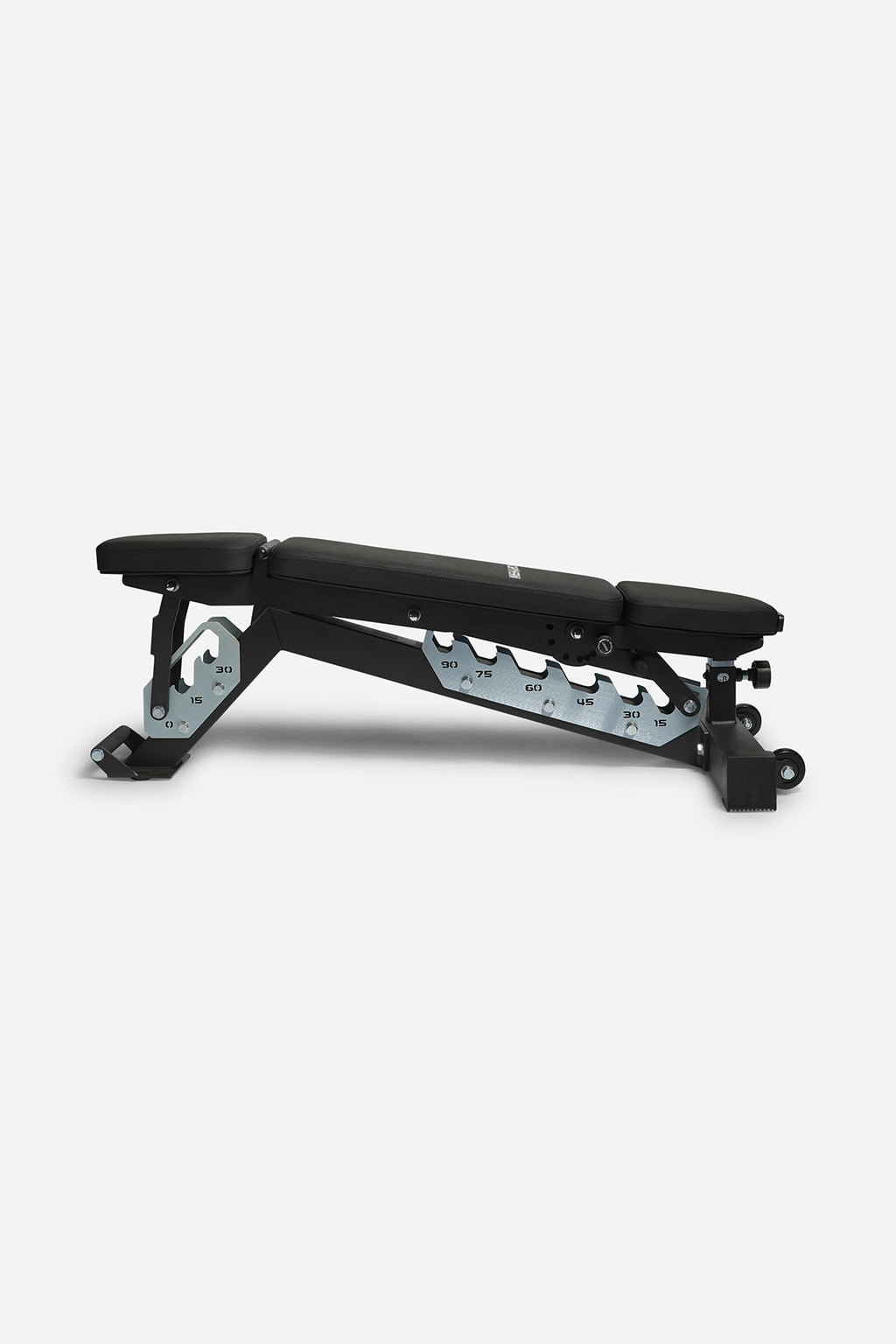 Flat position setup of adjustable weight bench with dense upholstered padding and stable steel frame
