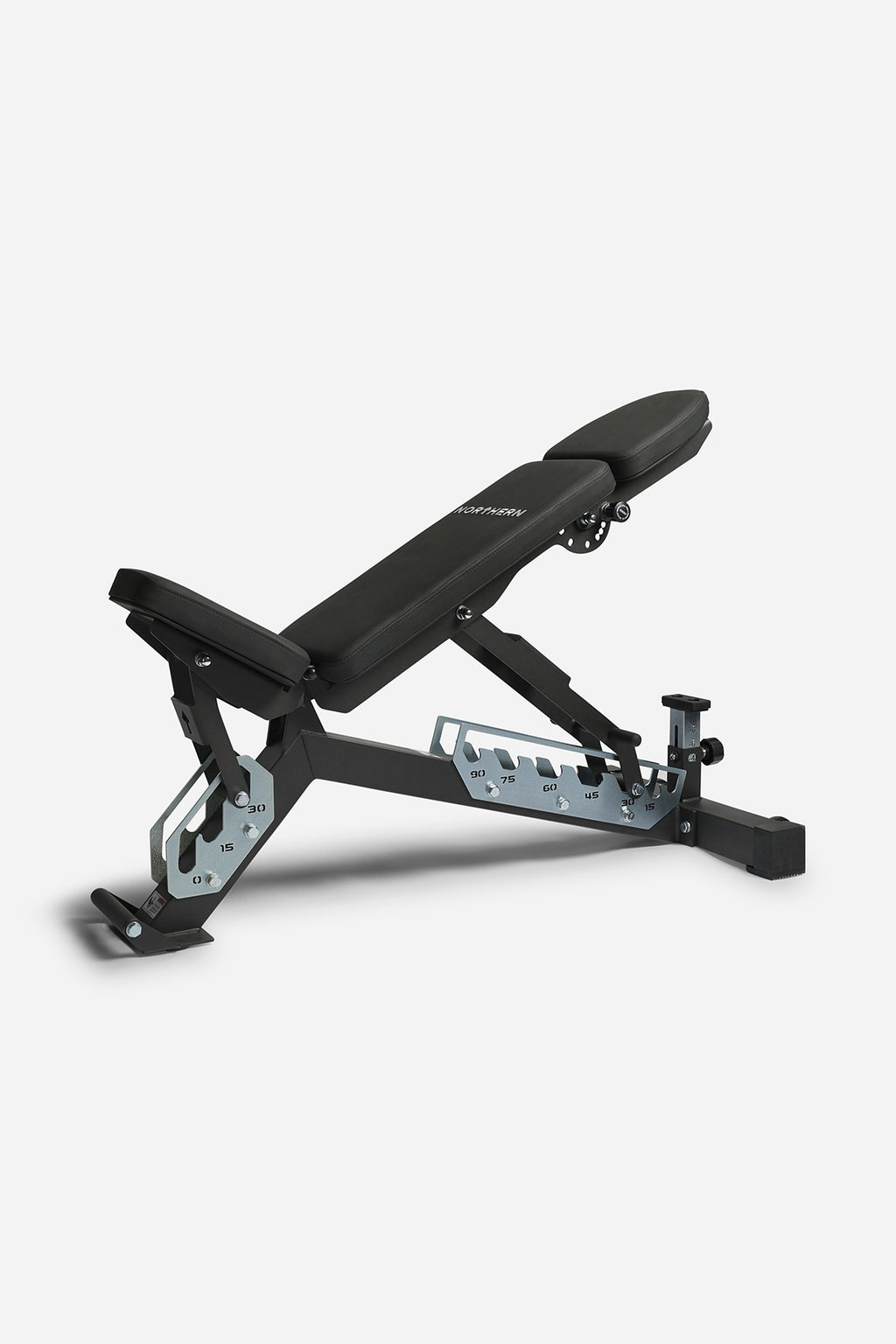 Front view of adjustable weight bench   v2 featuring seven-position back pad and three-position seat pad