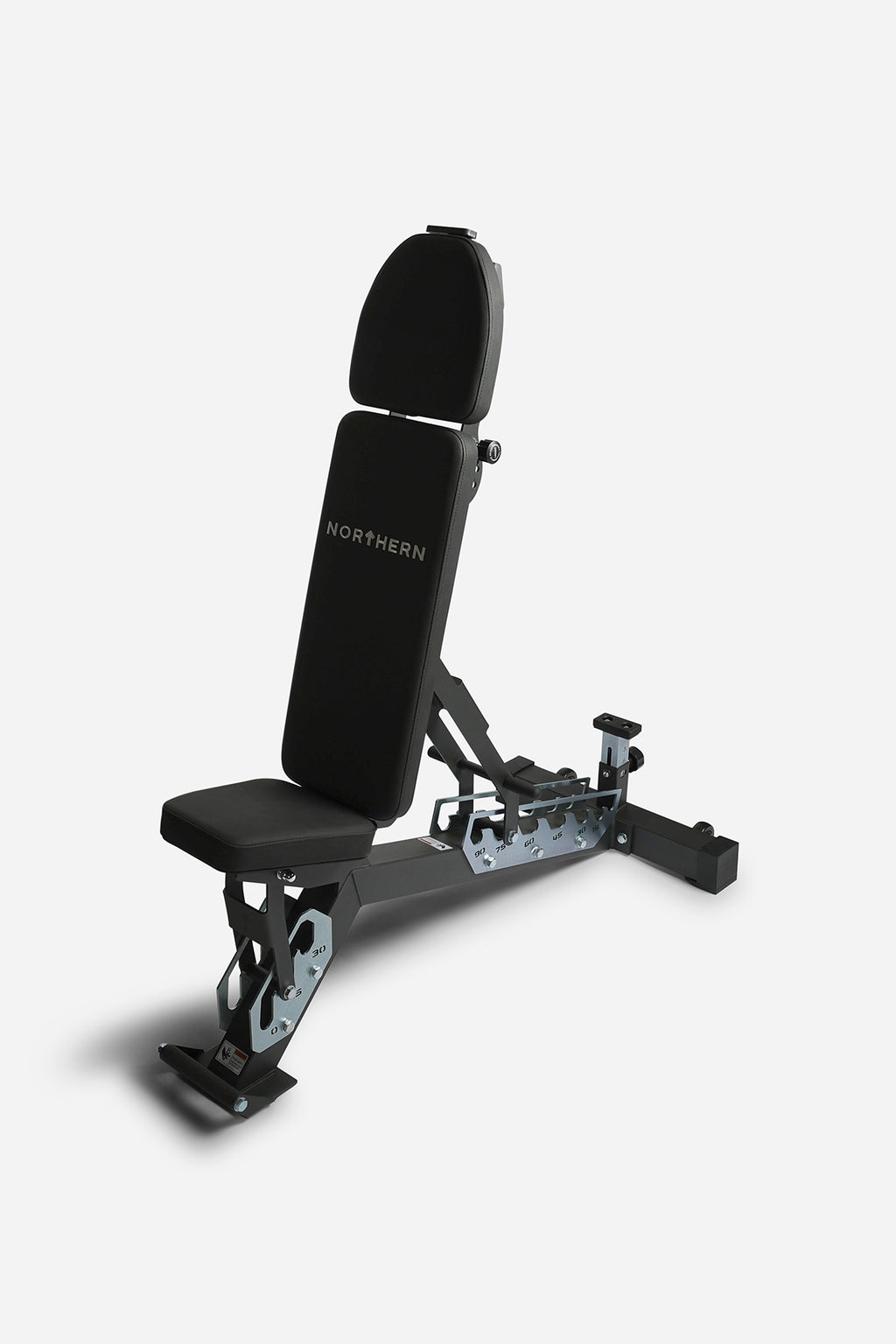 Three-quarter view of adjustable gym bench showcasing incline settings and wide stable footprint