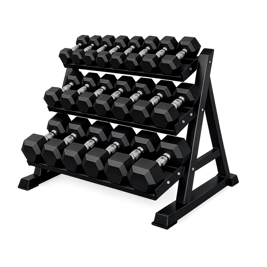 Hexagonal Dumbbells in 3 Level Dumbbell Rack