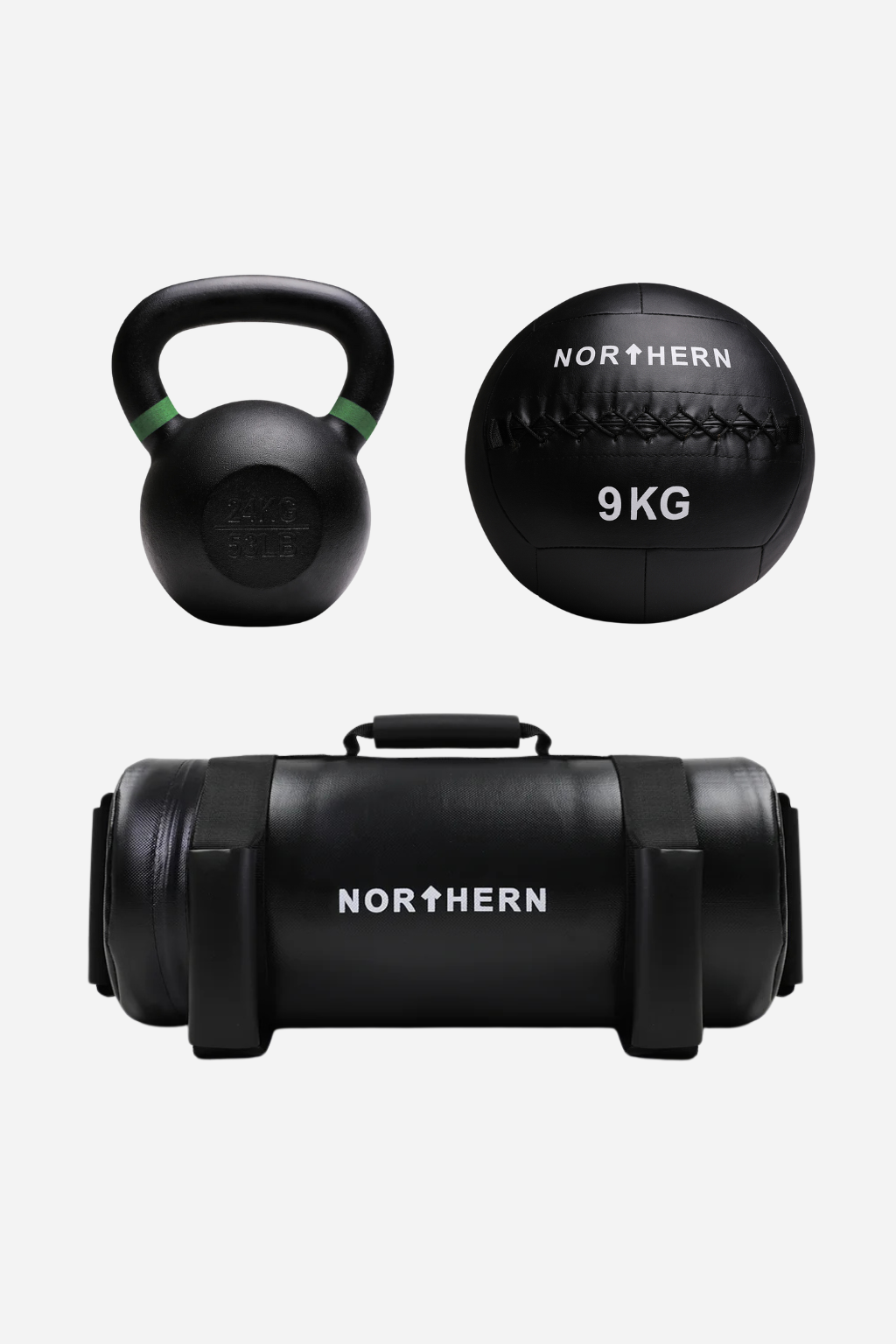 Hybrid Training Package - 2×24kg Cast Iron Kettlebells, 9kg Wall Ball & 20kg Powerbag