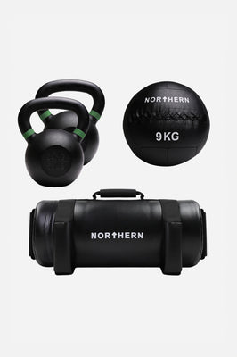 Black kettlebell, medicine ball, and sand bag with 'Northern' branding on a white background
