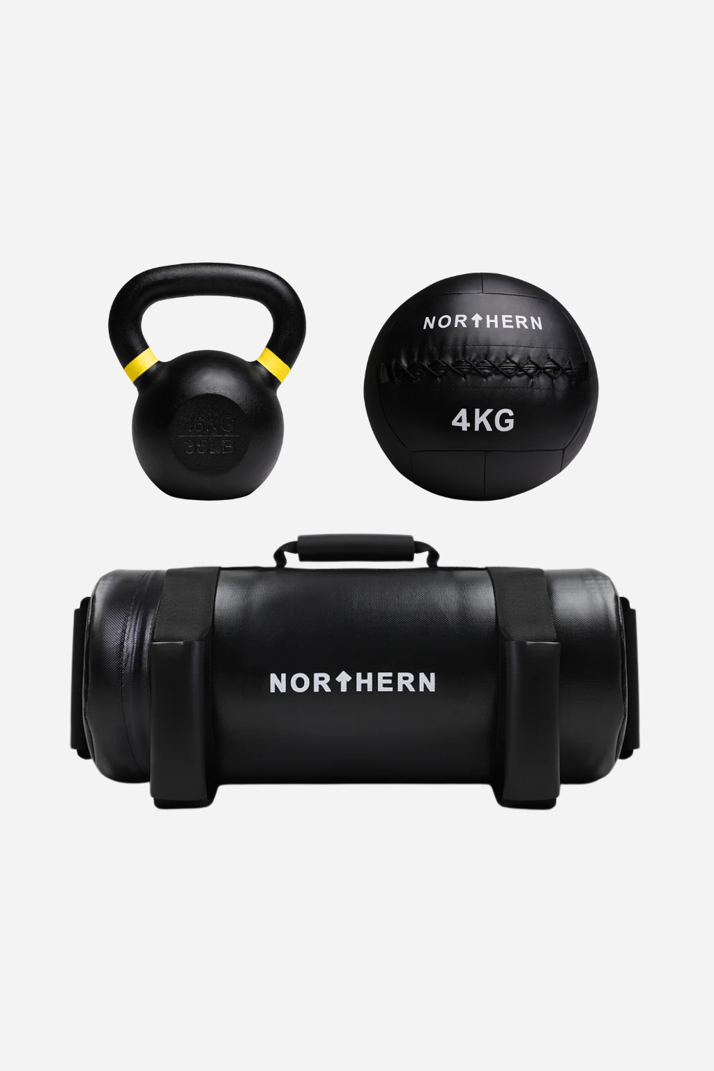 Hybrid Training Package - 2×16kg Cast Iron Kettlebells, 4kg Wall Ball & 10kg Powerbag