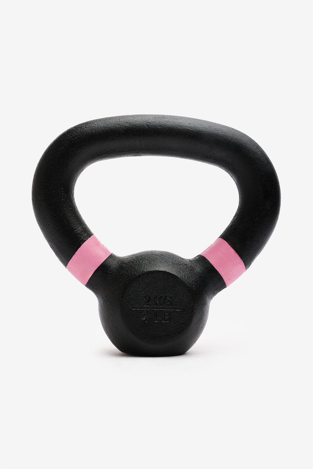 Black kettlebell with pink grips on a white background
2
