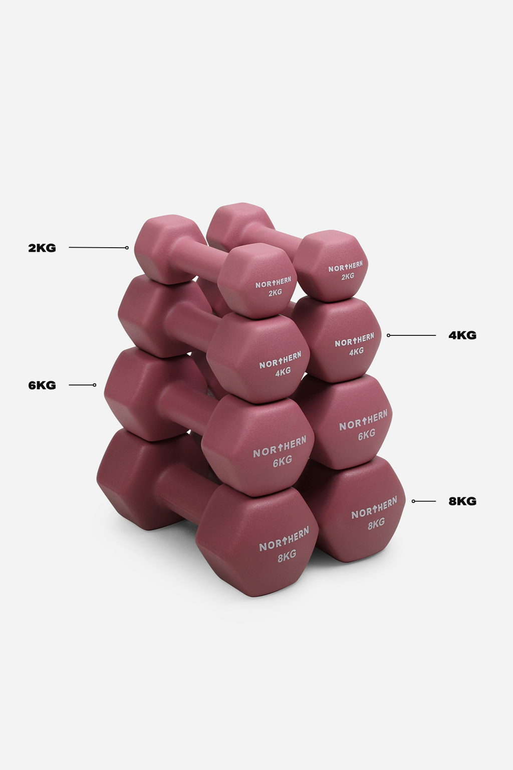 2kg to 8kg Progression Neoprene Hex Dumbbell Set